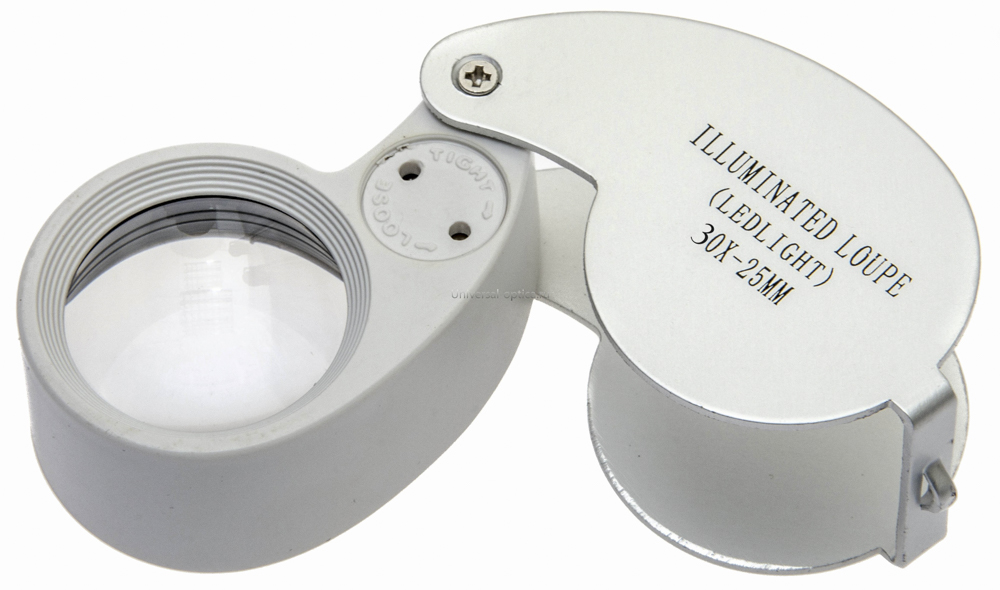 Лупа металлическая ювелирная d.25 (х30) с подсв. склад. (21011) от Торгового дома Универсал || universal-optica.ru